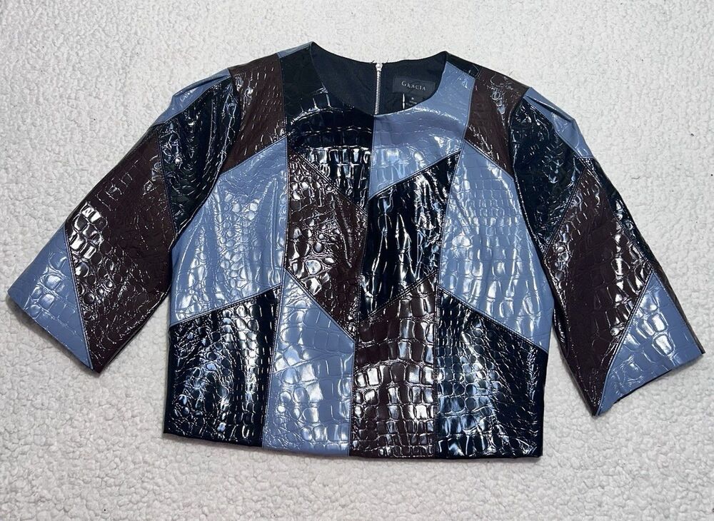 Gracia Faux Leather Patchwork Croc Jacket Cropped Top Blue Brown Moto Women's M